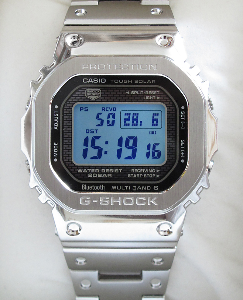 A Casio G-Shock GMW-B5000D in stainless steel — the full-metal square G-Shock that the Blue Rose Project builds on