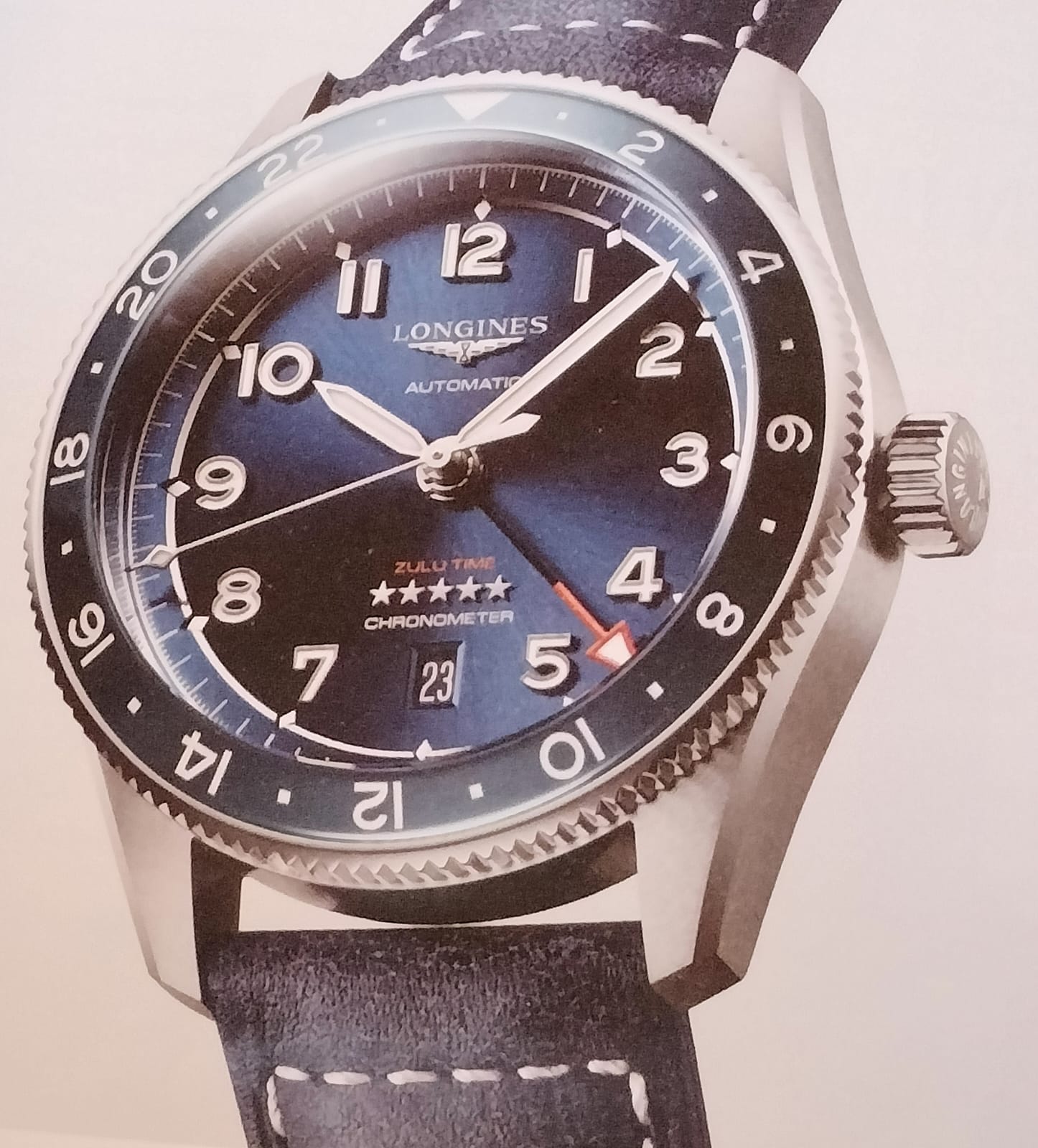 A Longines Spirit Zulu Time on its steel bracelet — the Spirit family from which the new blue Spirit Pilot is drawn